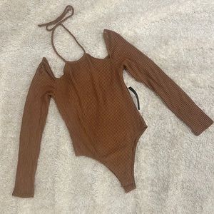Long sleeve ribbed halter tie top body suit